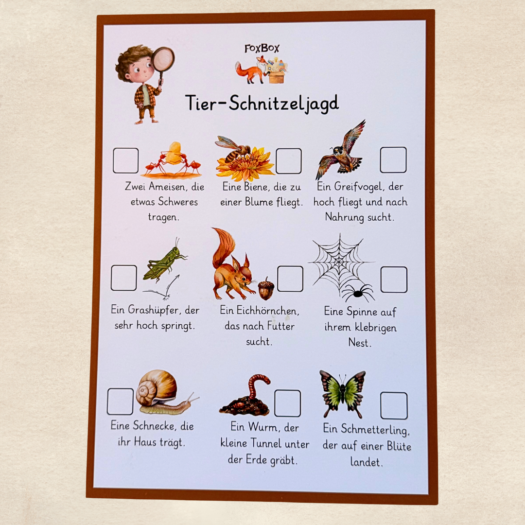 Buch „Tierische Superhelden“ aus der Montessori Box FoxBox, spielerisch lernen über Tiere und ihre Kräfte