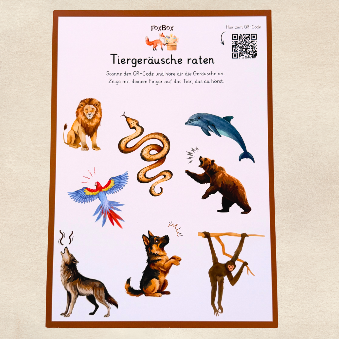 Tier-Schnitzeljagd Materialien aus der FoxBox „Tierische Superhelden“, ideale Montessori Box für Entdecker