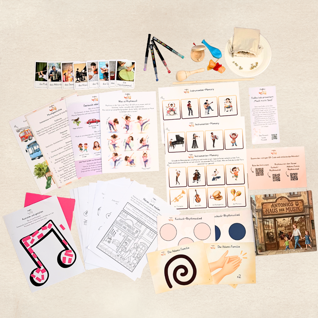 Kreative Abenteuerbox für Kinder im Vorschulalter - Teil des FoxBox.kids Geschenkgutschein, das perfekte Geschenk für ein Kindergartenkind, um spielerisches Lernen zu ermöglichen.